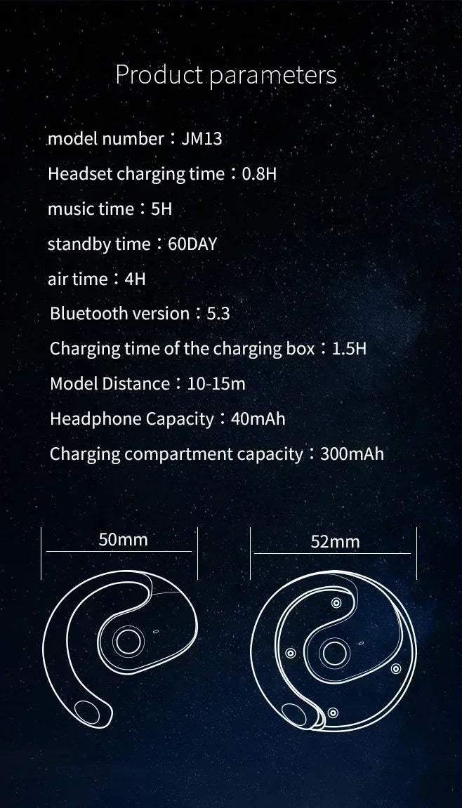Technical specifications for wireless, circular-design earbuds in white outline against a black starry background.