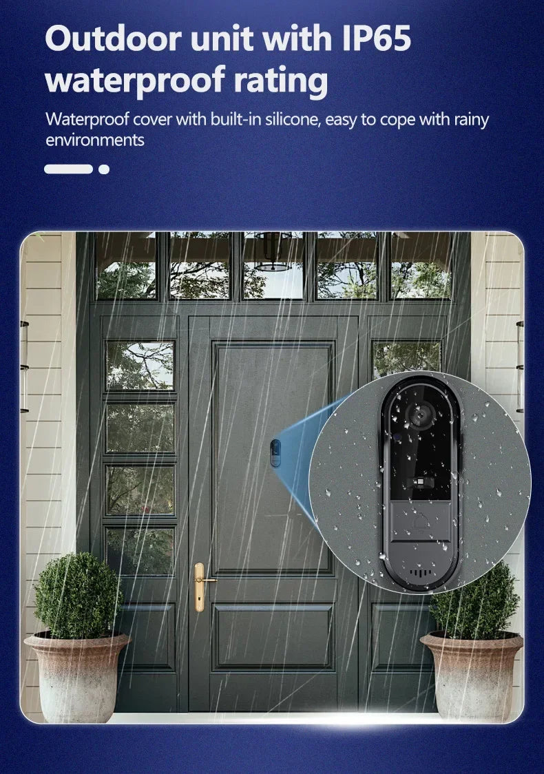 Black wireless video doorbell with night vision, shown in rain, highlighting its IP65 waterproof design.