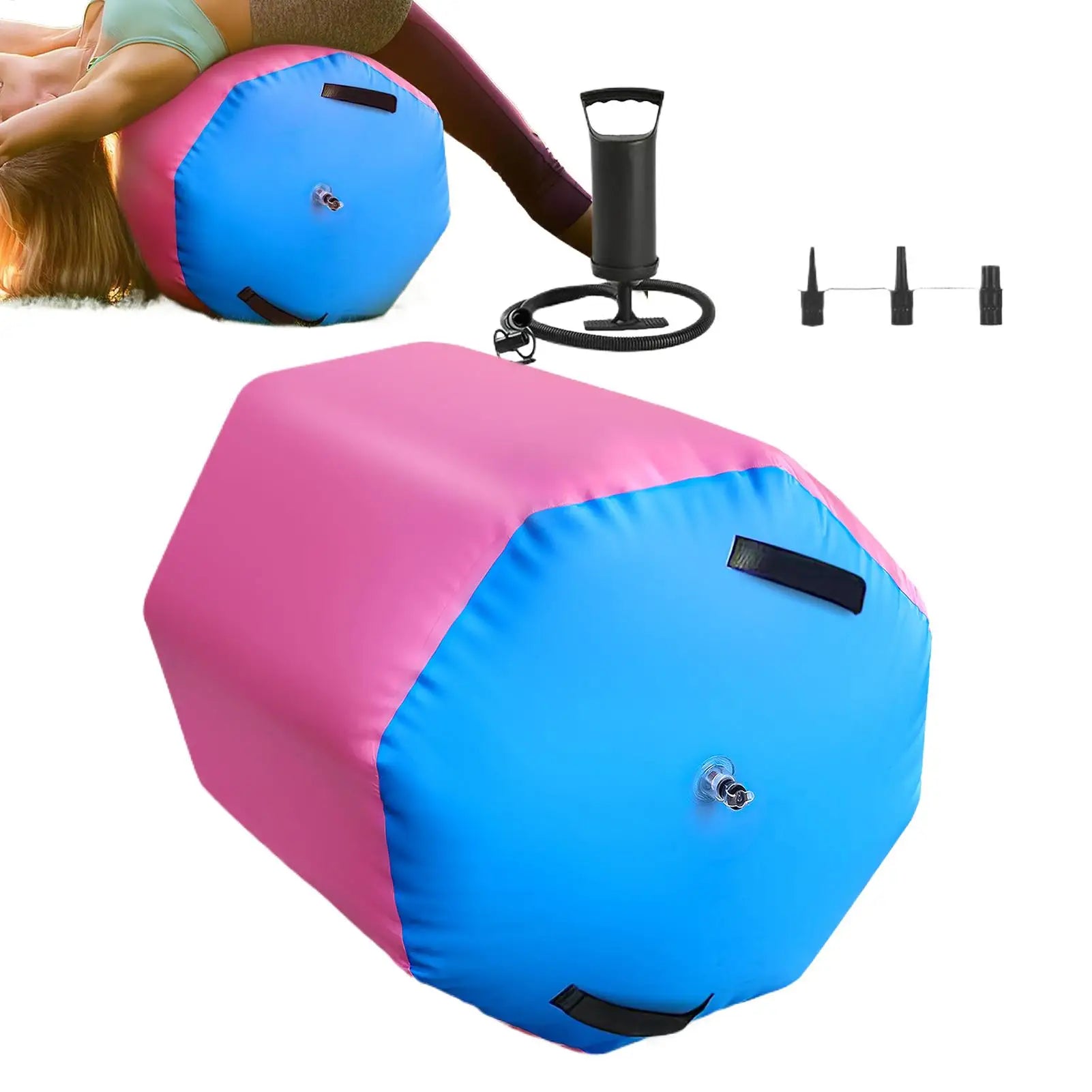 Inflatable pink and blue gymnastics tumbling barrel with carry handles, manual air pump, and nozzles.