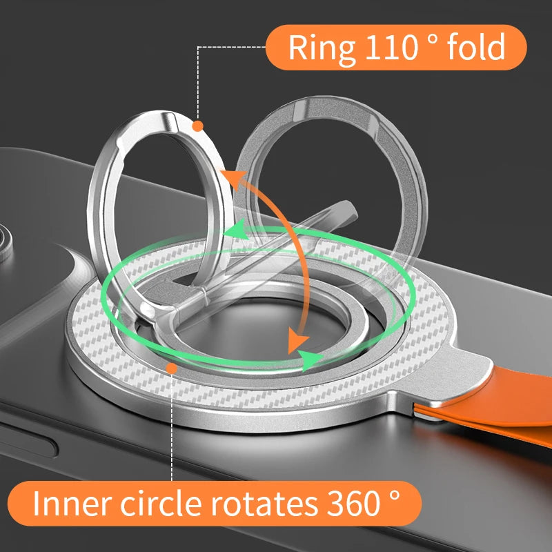 Silver metal phone ring holder with a 110-degree fold and 360-degree rotation, featuring an orange strap attachment.