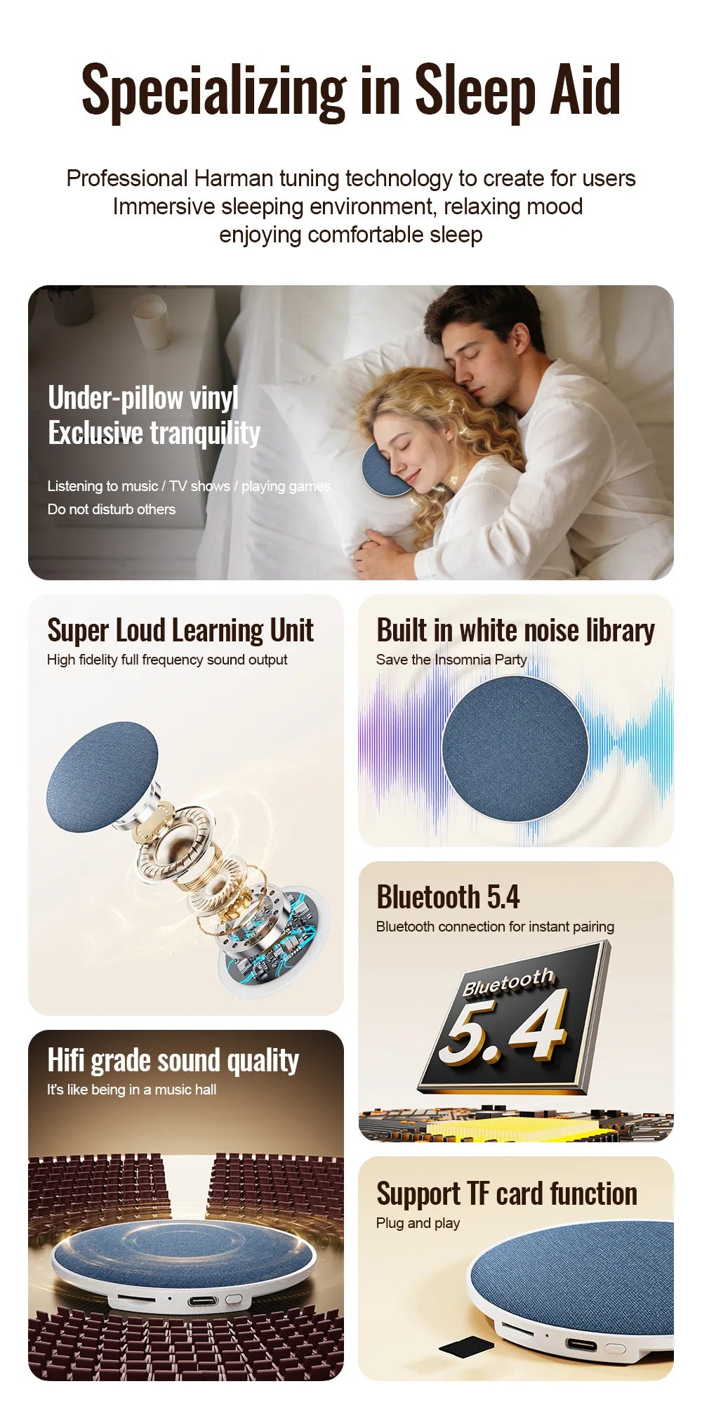 Blue wireless pillow speaker with fabric top, showing internal sound components, Bluetooth 5.4, and TF card support.