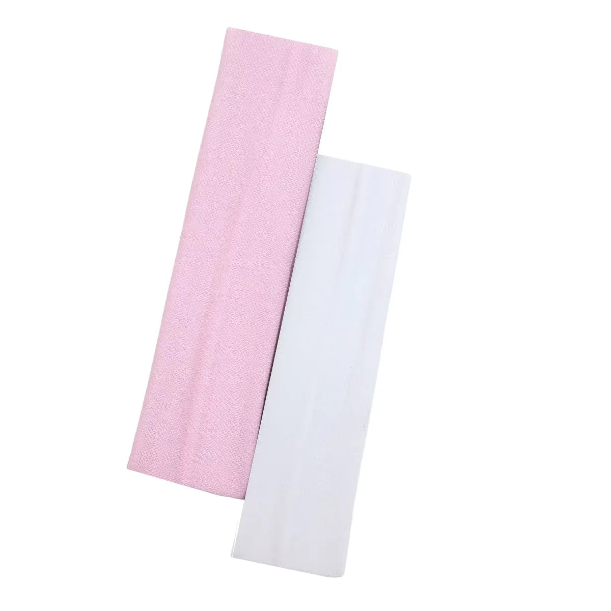 Two rectangular, plain fabric headbands in pale pink and white, set against a plain white background.