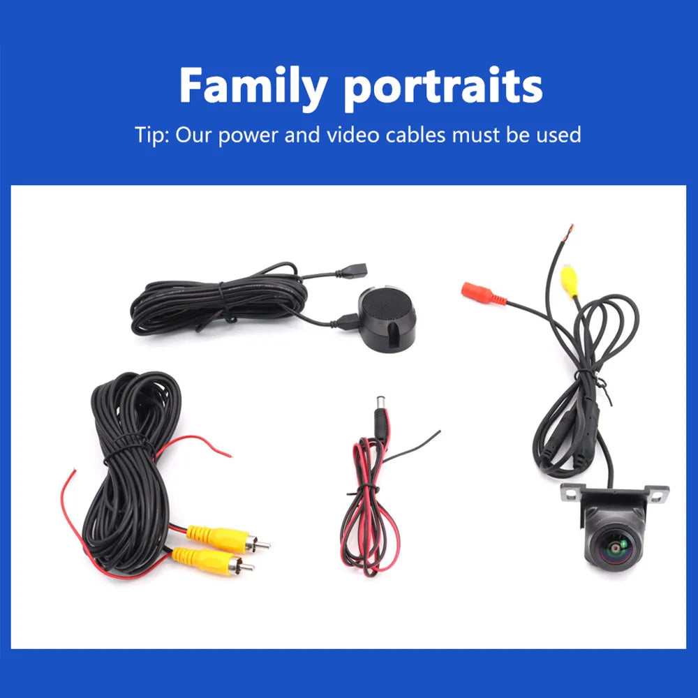 1080P HD vehicle reversing camera kit with fisheye lens, including black cables and mounting components.