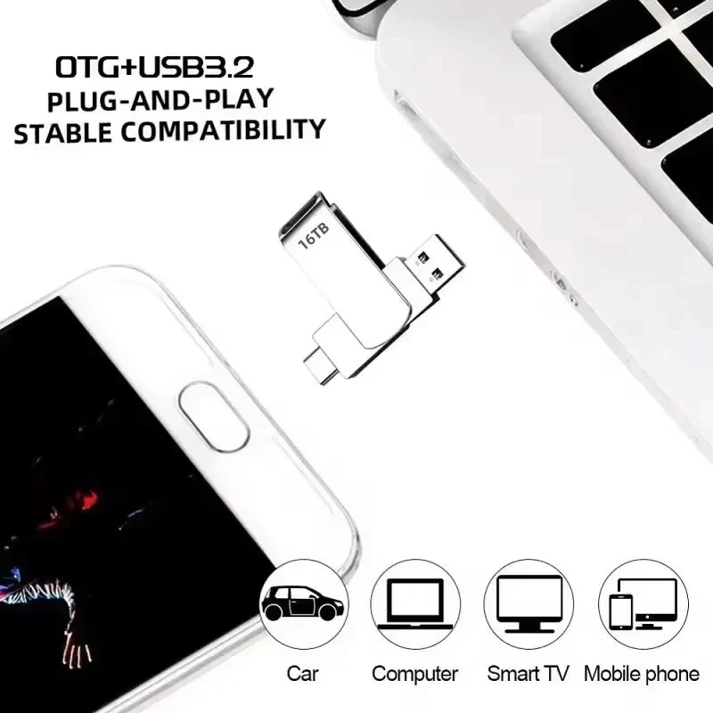 Silver 16TB 2-in-1 USB 3.2 and Type-C flash drive, compatible with cars, computers, smart TVs, and mobile phones.