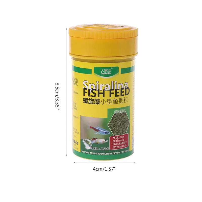 100ml pot of green granular spirulina fish feed with a yellow screw-top lid, 8.5cm tall, featuring fish illustrations.
