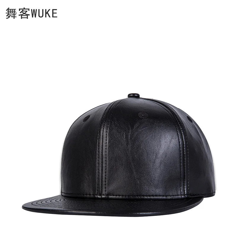 A sleek black faux leather baseball cap with a structured flat brim and stitched panel detailing.