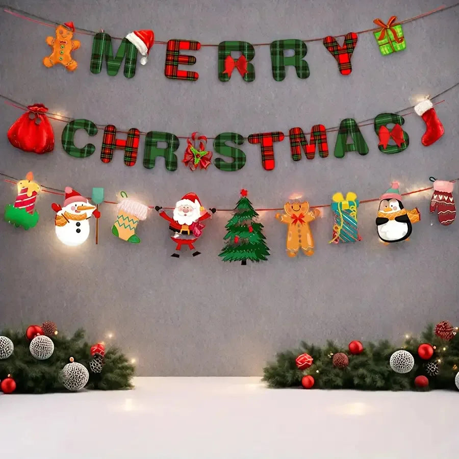 Festive Merry Christmas banner in green and red tartan, featuring character decorations and fairy lights.