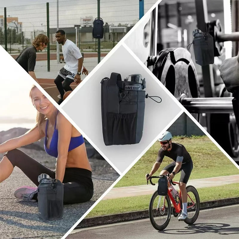 Black bottle sleeve with side pockets for gym and cycling, shown in various active lifestyle settings.