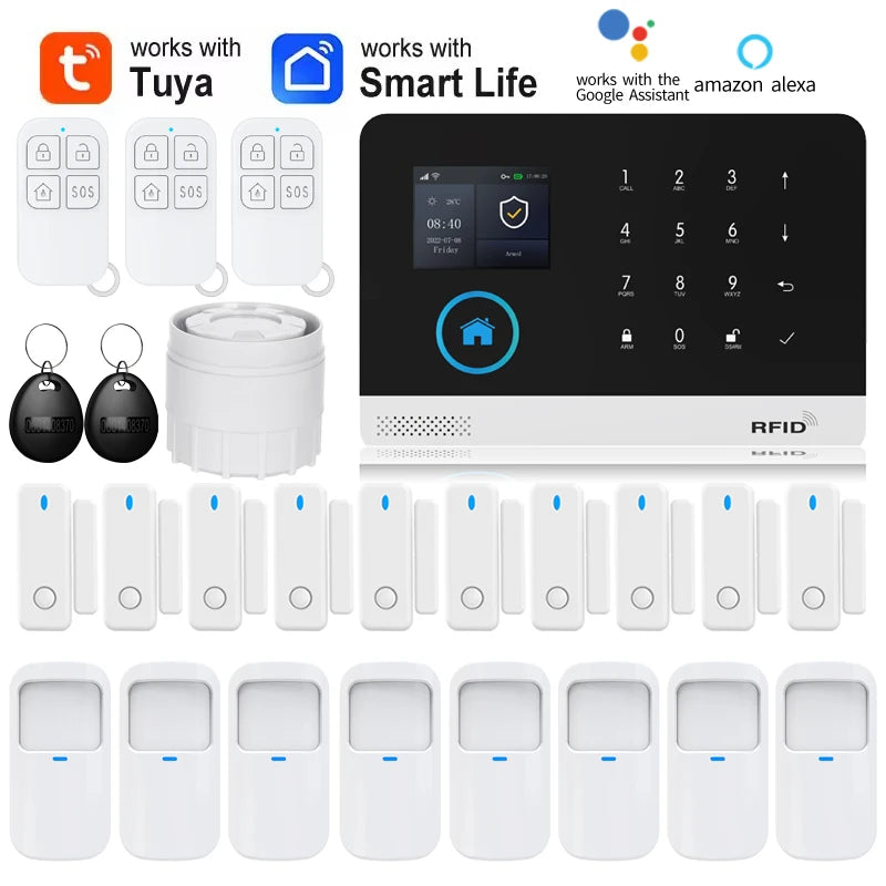 White wireless home security kit with touchscreen alarm panel, motion sensors, door contacts, and key fobs.