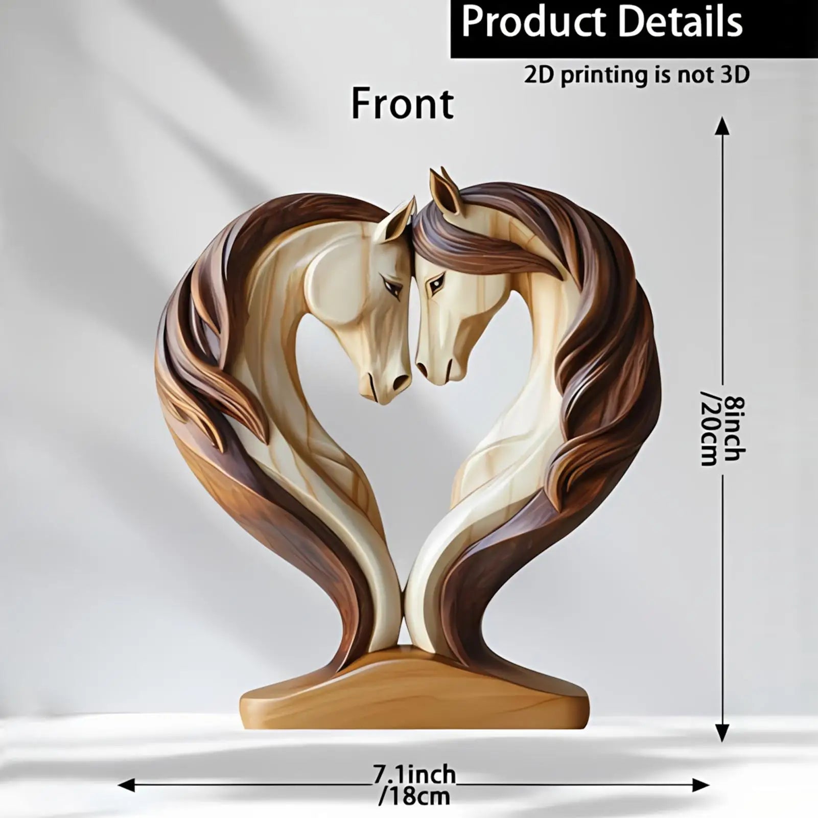A decorative 2D statue featuring two horse heads sculpted into an elegant heart shape in warm, natural wood tones.
