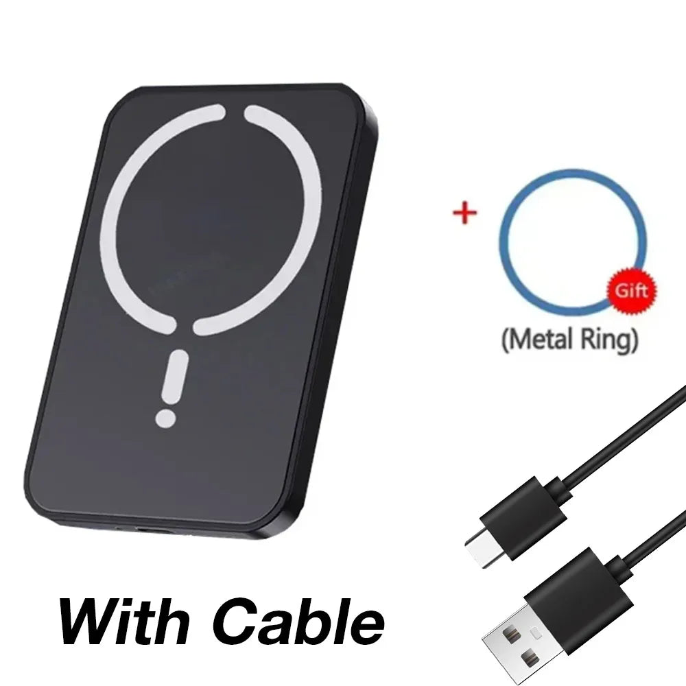Black magnetic wireless power bank with charging cable and a bonus metal ring.