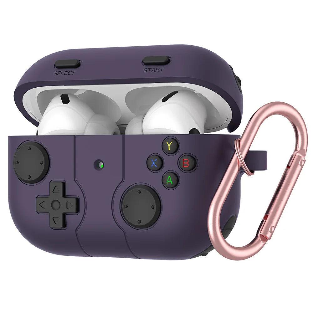 Purple silicone gaming-style case for AirPods Pro with a rose gold carabiner.