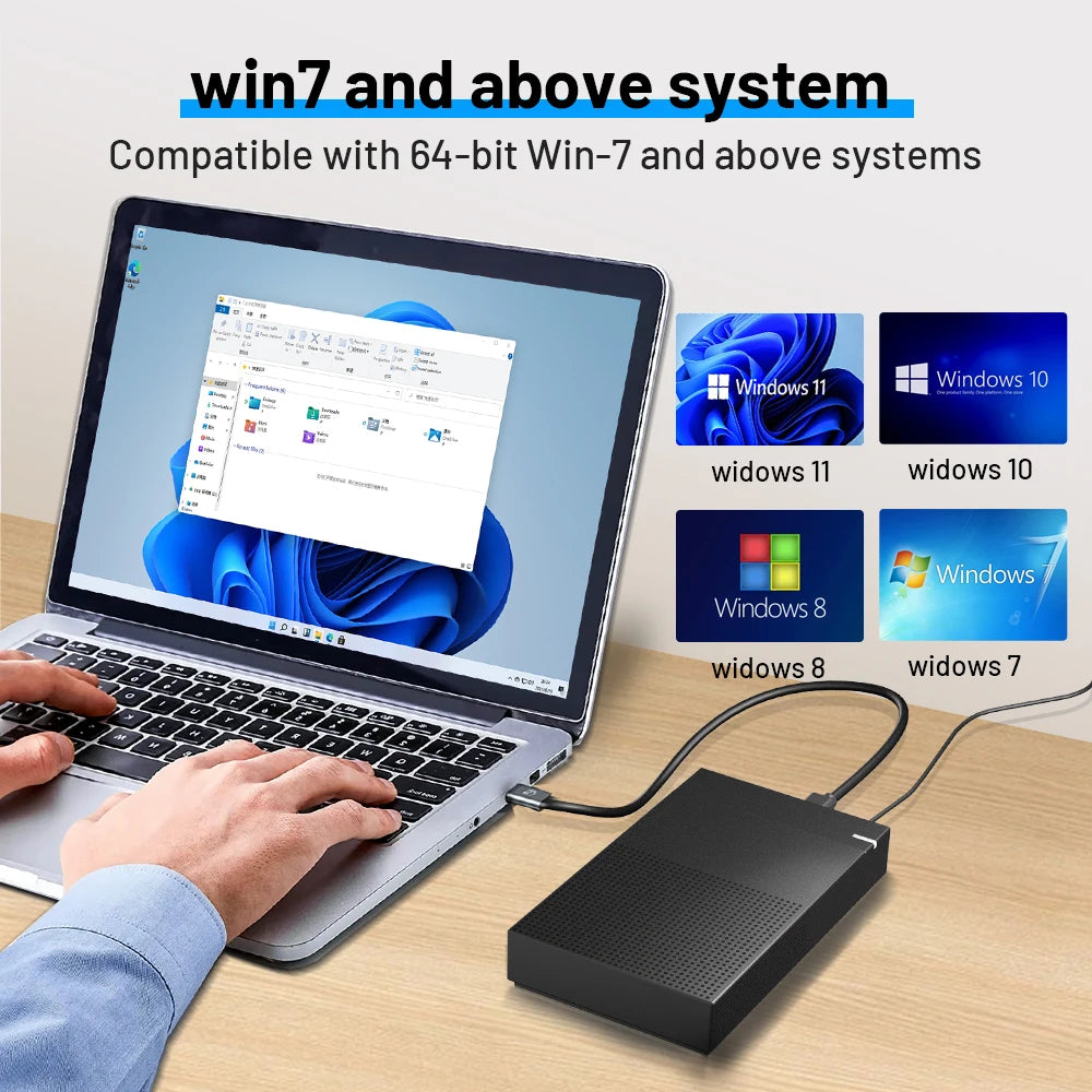 Black 12TB gaming HDD connected to a silver laptop, showing compatibility icons for Windows 7, 8, 10, and 11.