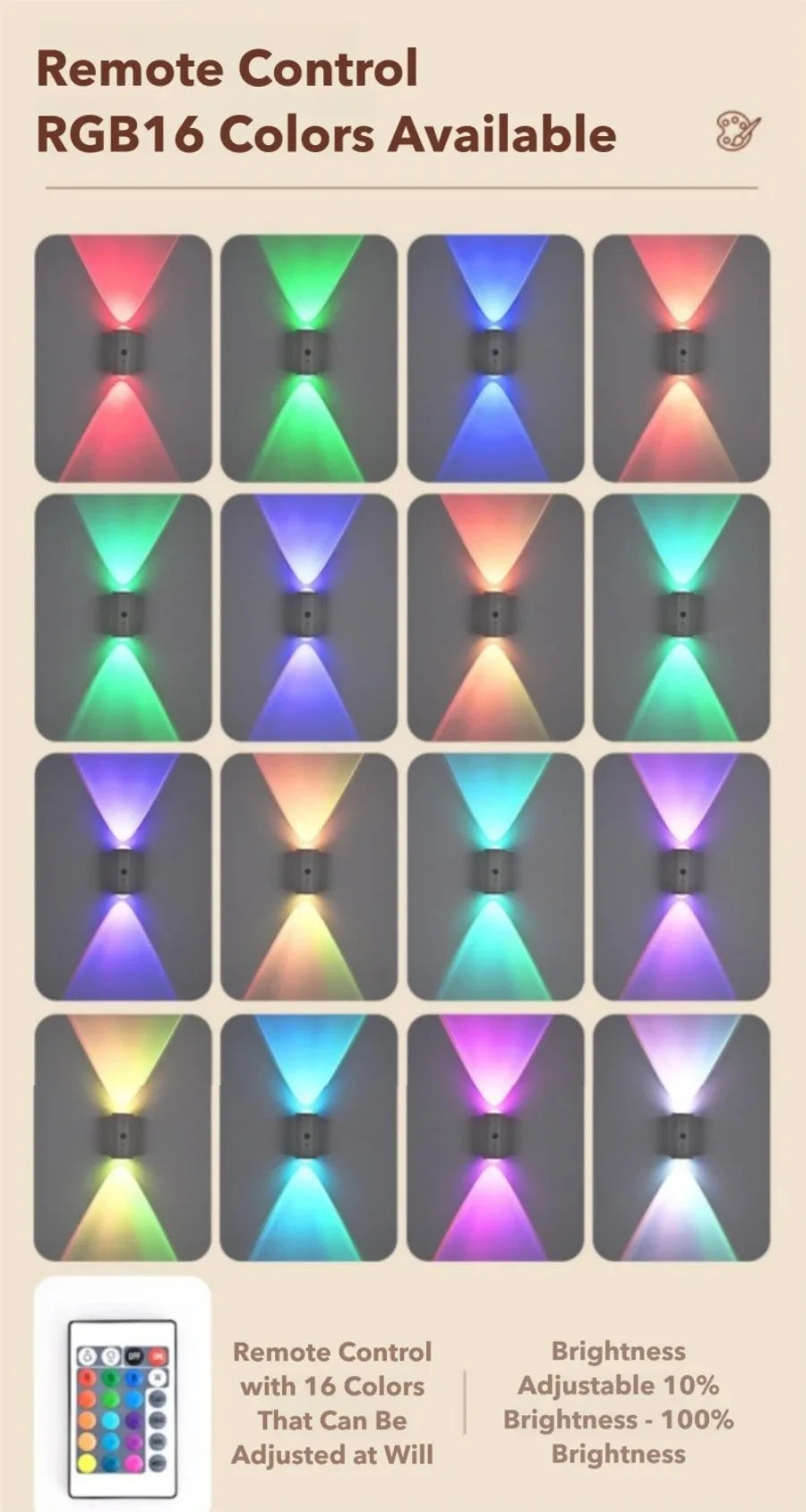 Grid showing an RGB motion sensor light casting 16 different colour combinations, plus an included remote control.