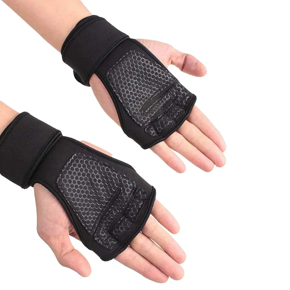 Pair of black fingerless gym gloves with wrist wraps and grey honeycomb-patterned palm padding.