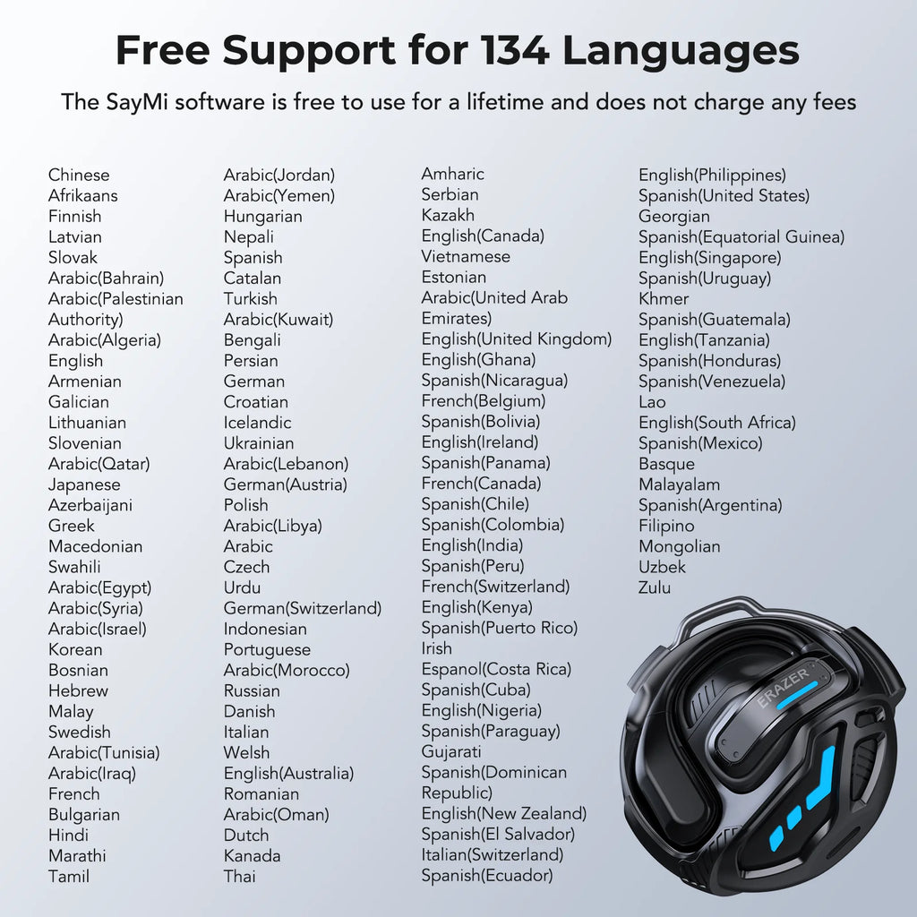 An infographic listing 134 supported languages alongside a black, futuristic, sleek device with glowing blue accents.
