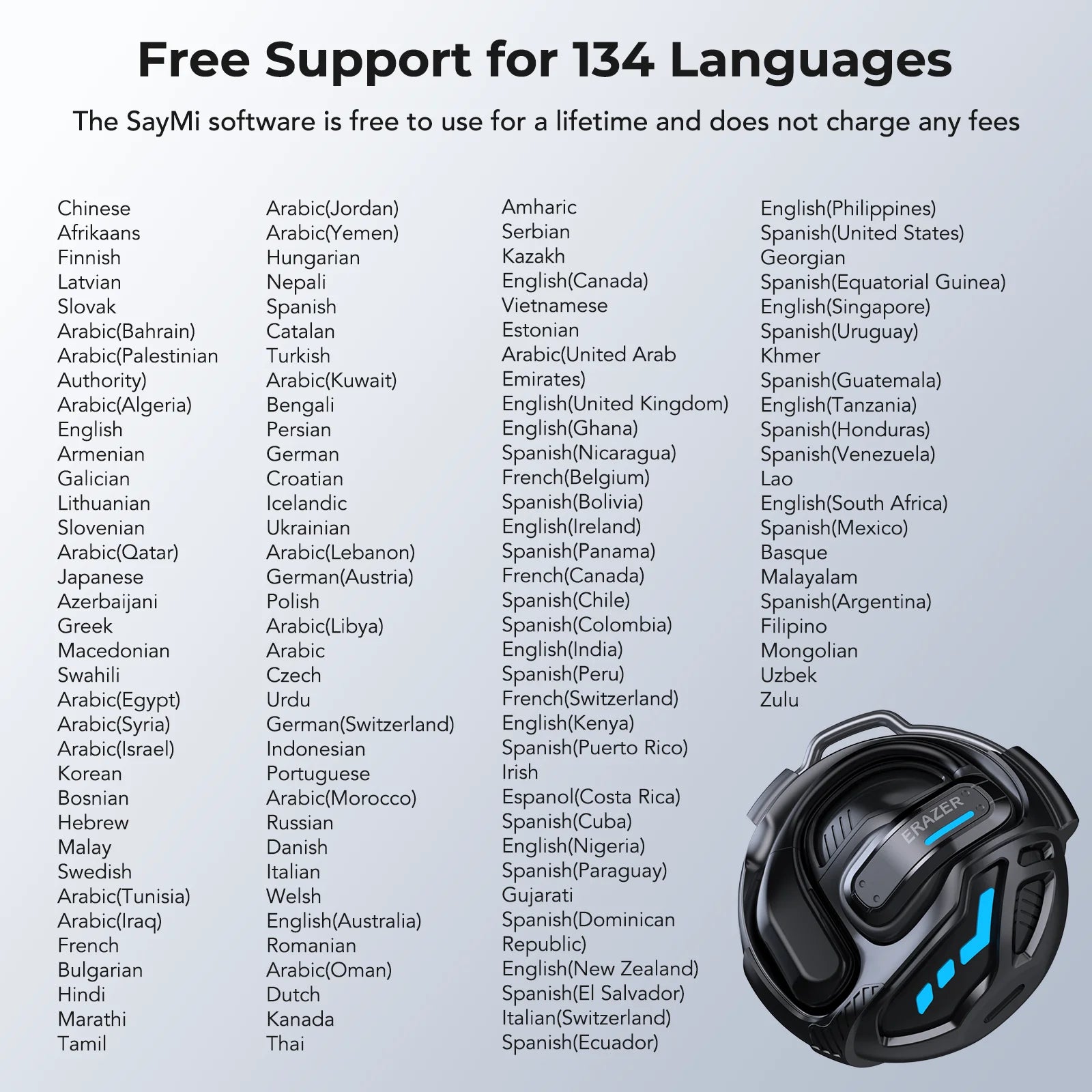 An infographic listing 134 supported languages alongside a black, futuristic, sleek device with glowing blue accents.