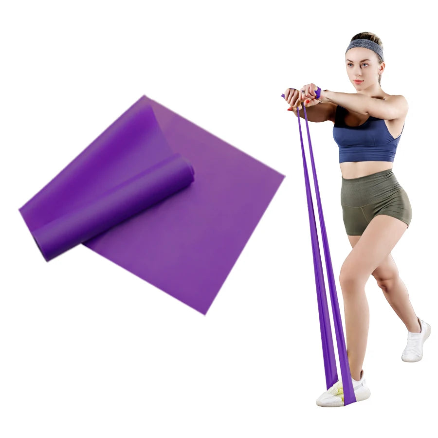 A person using a flat purple resistance band for exercise, shown against a plain white background.