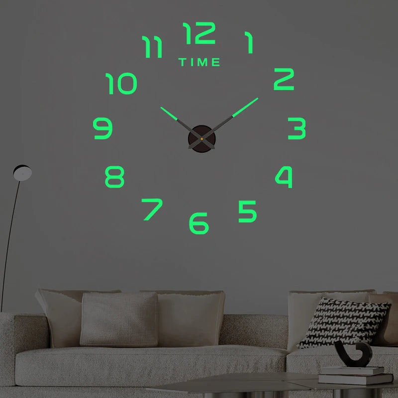 Large DIY frameless wall clock with glowing green numbers and hands, mounted on a grey living room wall.