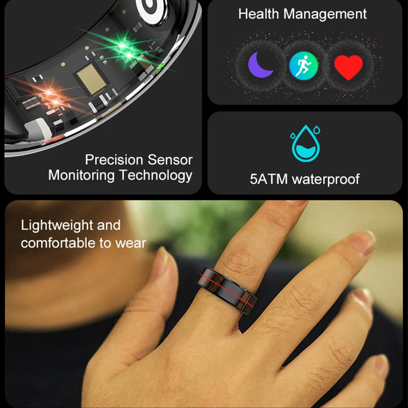 A sleek black health-tracking smart ring with a red detail, featuring precision sensors, waterproof design, and comfort.