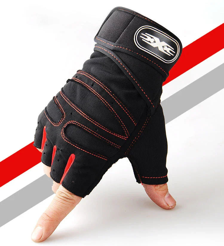 Black fingerless gym gloves with red stitching and a wrist wrap strap featuring an EXE logo.