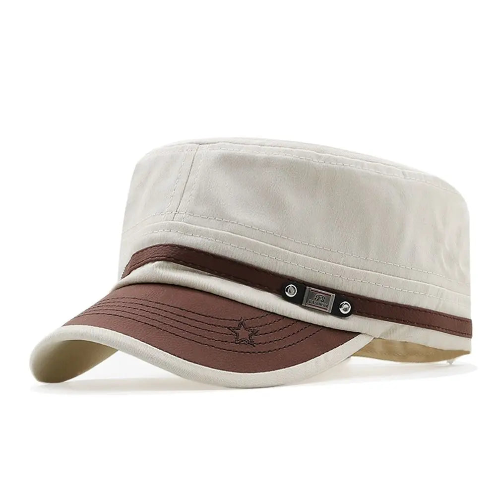 Cream cadet-style baseball cap with a brown faux-leather brim and matching decorative side strap.