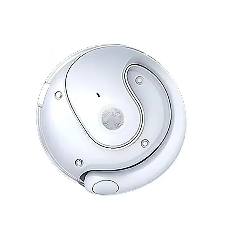 A white, circular motion-sensor light with a modern, yin-yang inspired split design and center light diffuser.