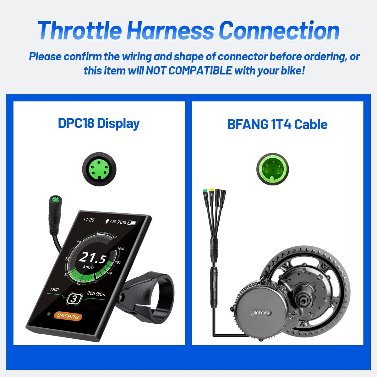 Bafang DPC18 black e-bike display with speedometer, plus 1T4 cable and mid-drive motor.