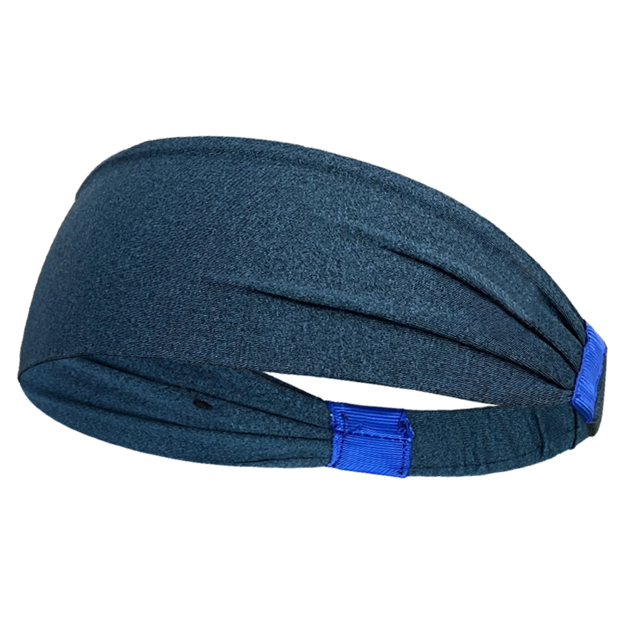Dark blue pleated sports headband with a fabric-covered elastic back and bright blue side tabs.