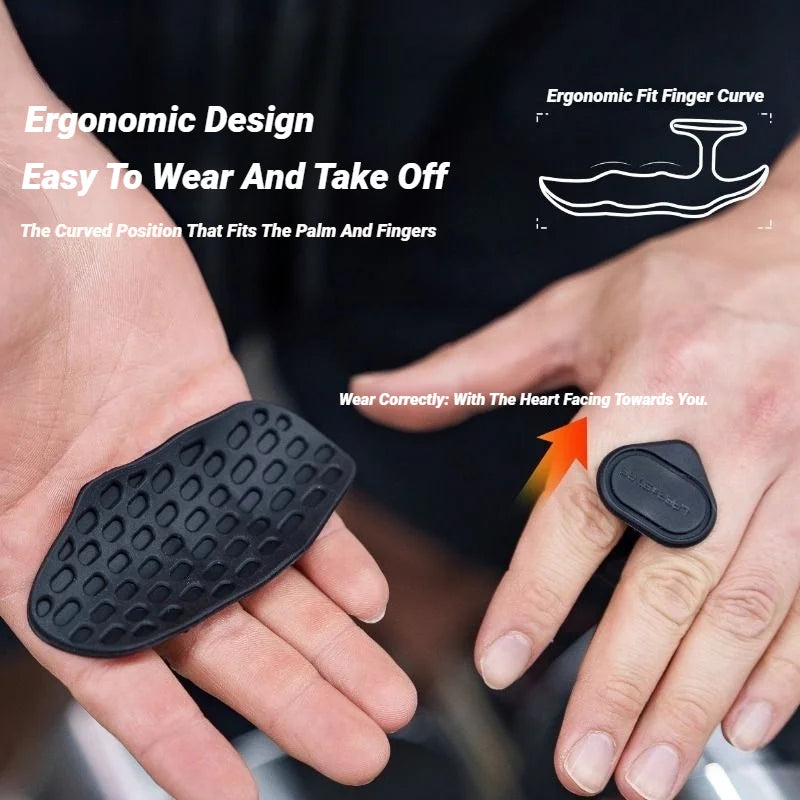 Black silicone finger-mounted palm protector with a textured, ergonomic grip shown being worn on a hand.