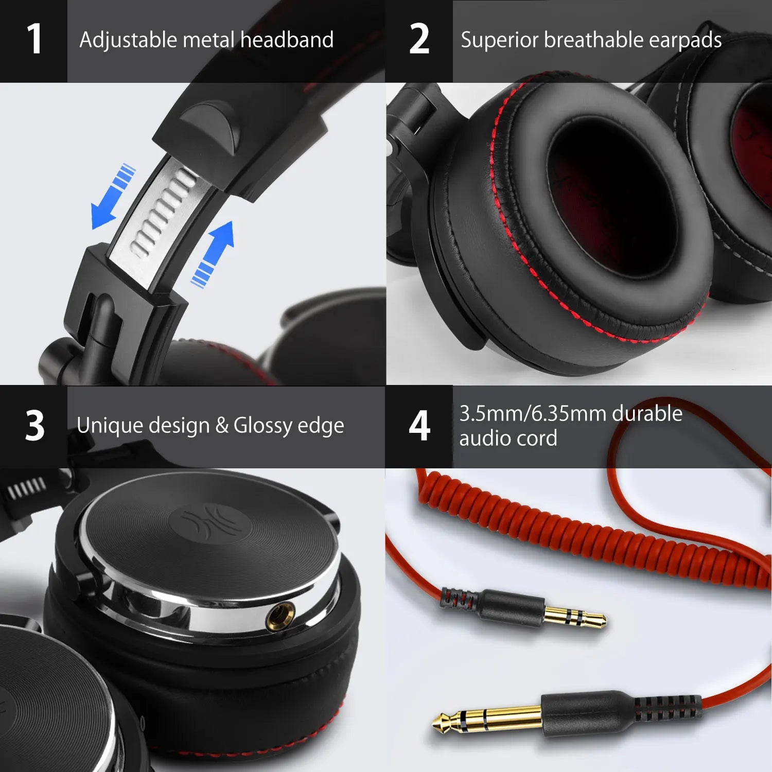 Black studio headphones with an adjustable metal headband, breathable ear cushions, glossy accents, and a red coiled cord.