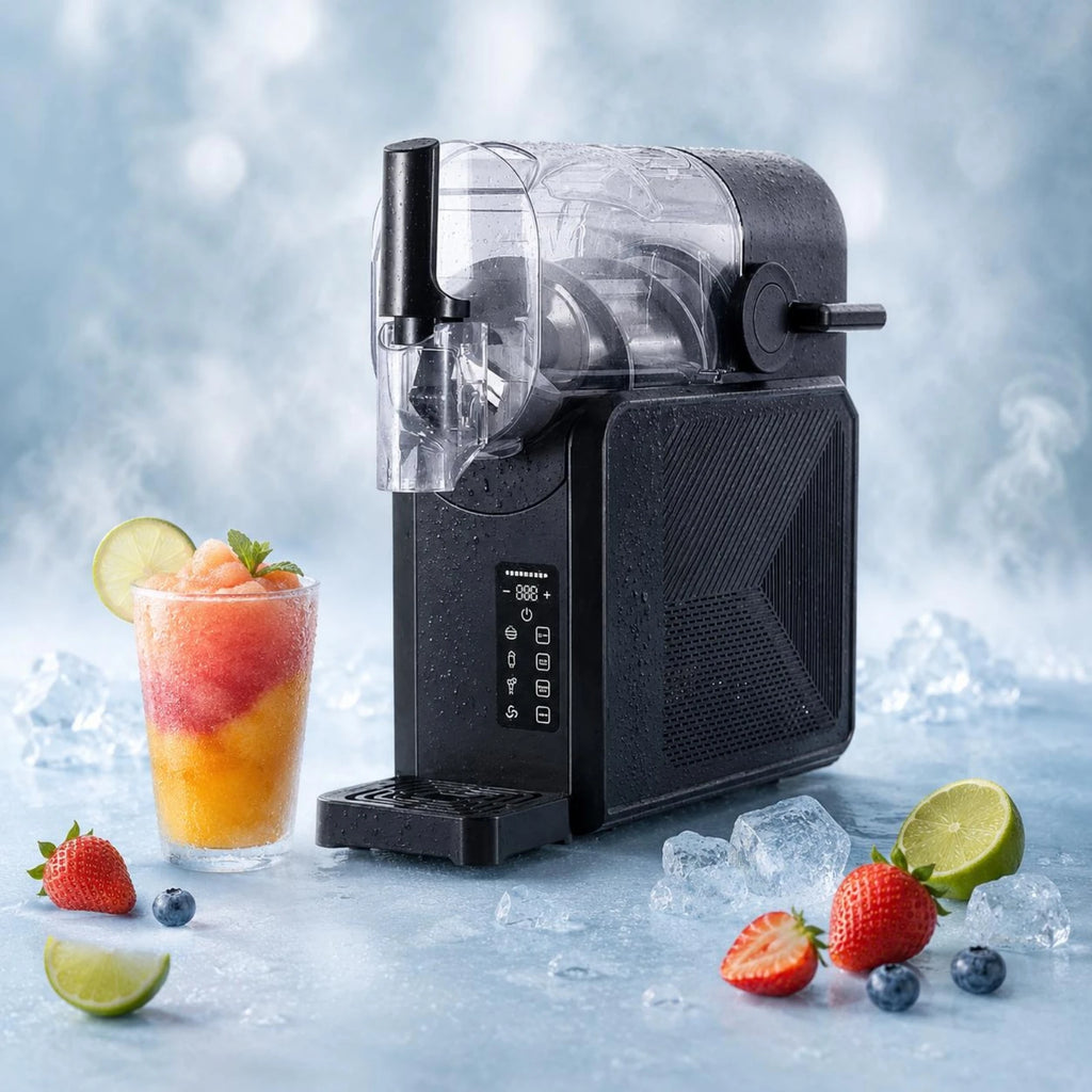 Black countertop slush machine with clear tank, digital display, and a glass of slushy drink.