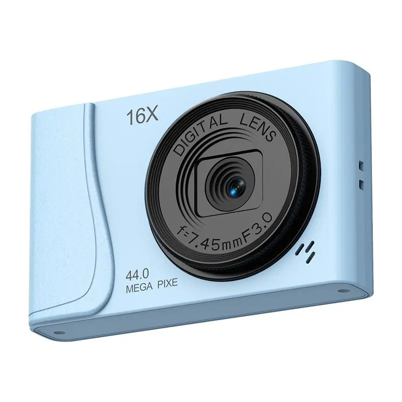 Light blue plastic digital camera with 16X zoom and 44.0 megapixel lens.