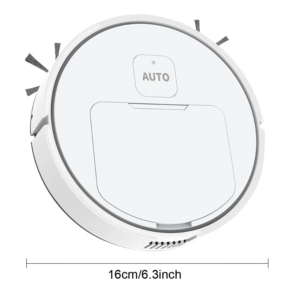A white robotic vacuum with side brushes and a dimension line measuring 16cm/6.3inch.