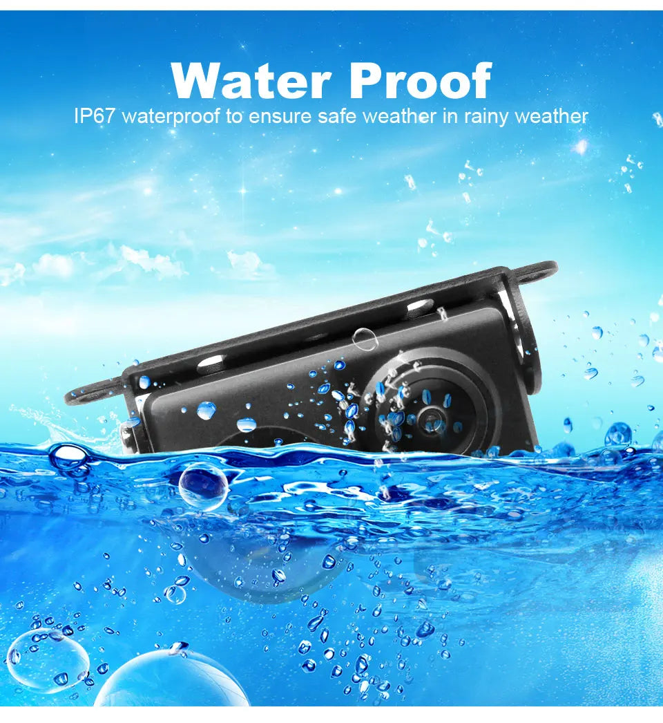 Black waterproof 2-in-1 car reversing camera and parking sensor partially submerged in blue water.
