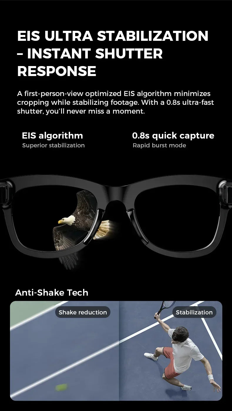 Sleek black smart glasses featuring an integrated camera, showing a stabilised tennis match and an eagle in flight.