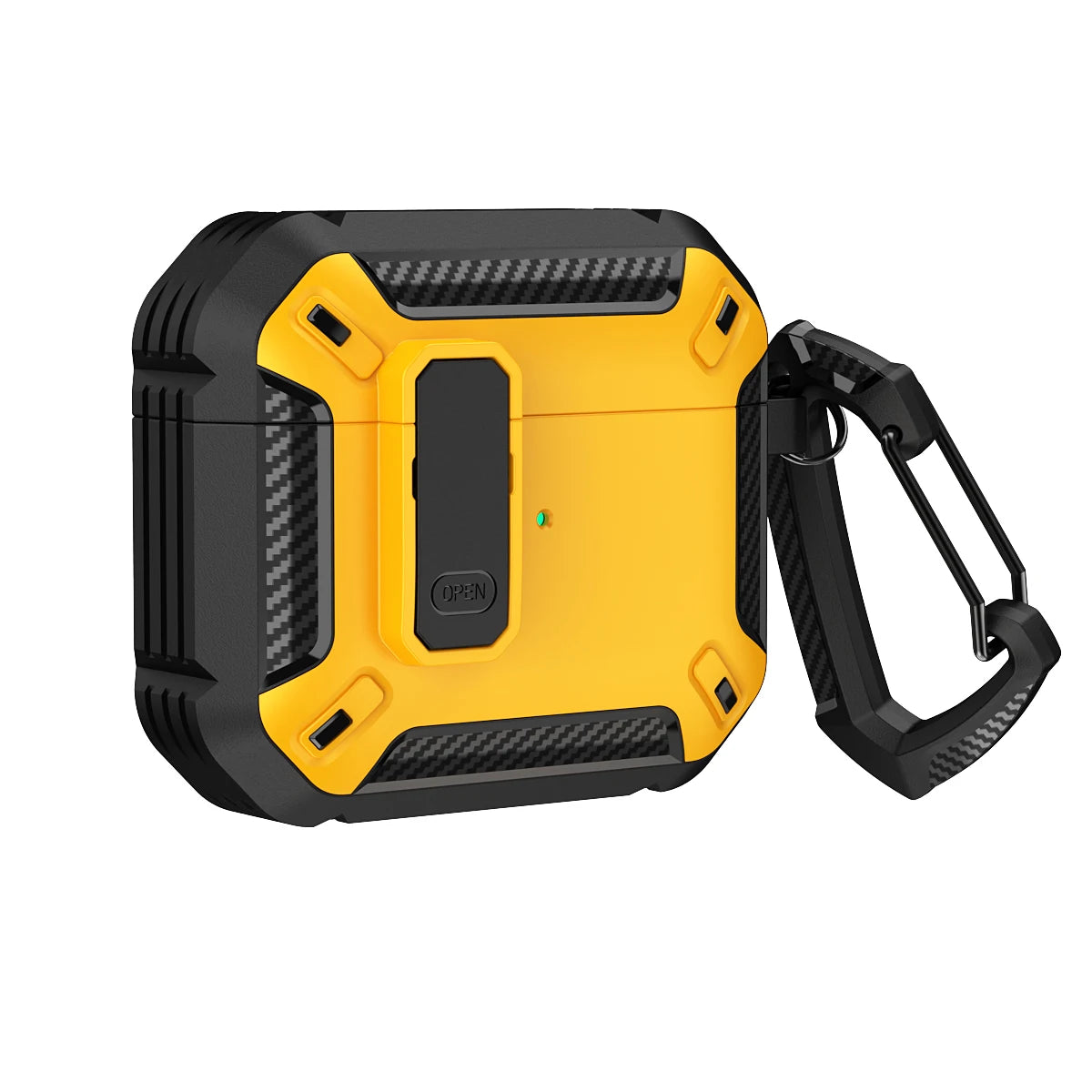 Rugged black and yellow carbon fibre AirPods Pro case with locking latch and carabiner.