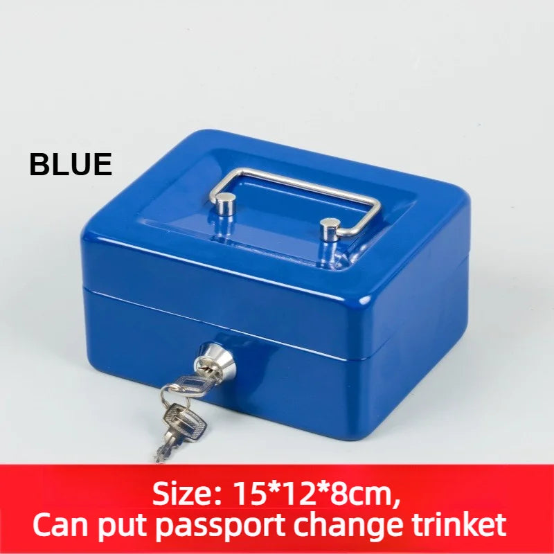 Blue metal cash box with a top handle, key lock, and two keys. Measures 15x12x8cm.
