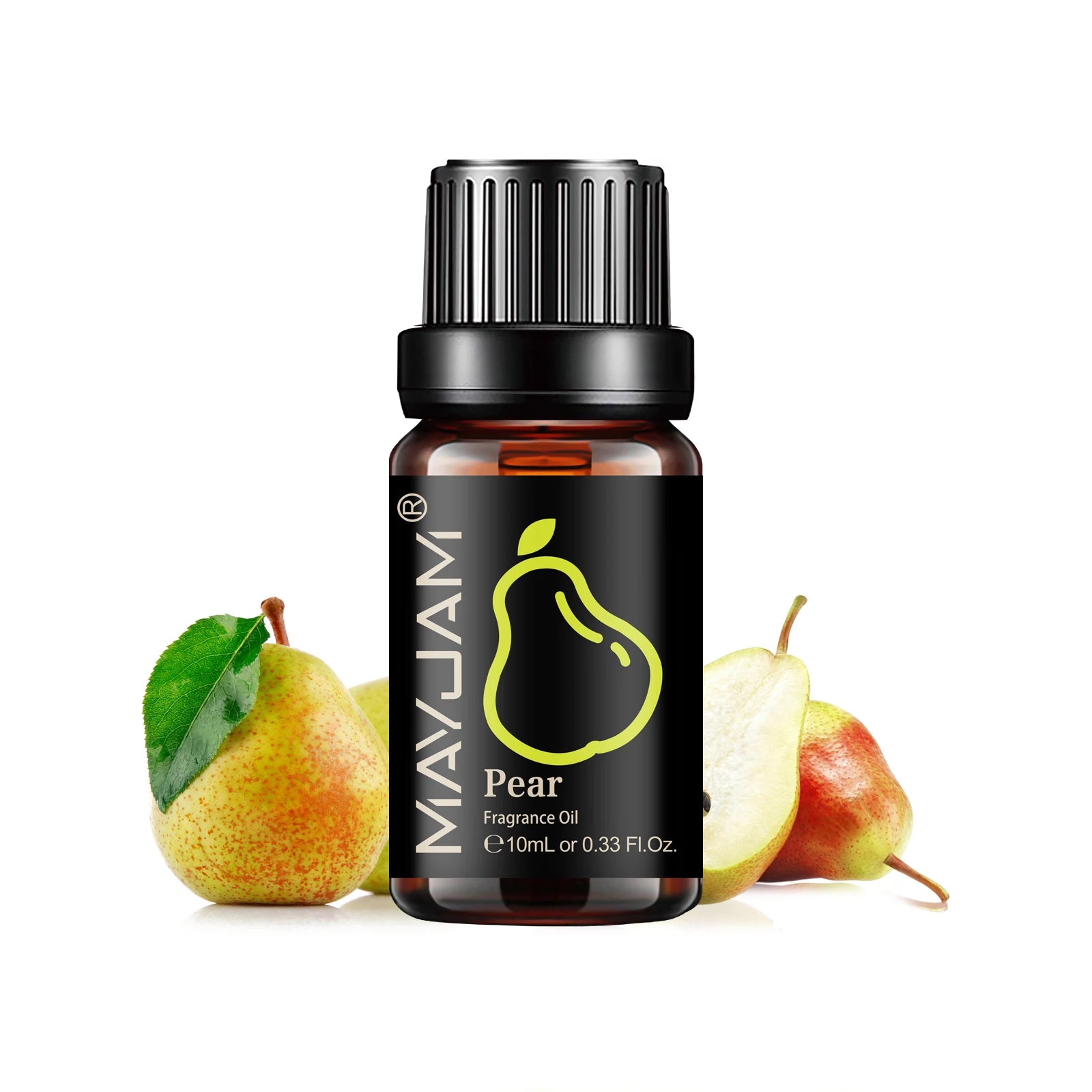 10ml amber glass bottle of Pear fragrance oil with a black dropper cap, displayed with fresh pears on a white background.