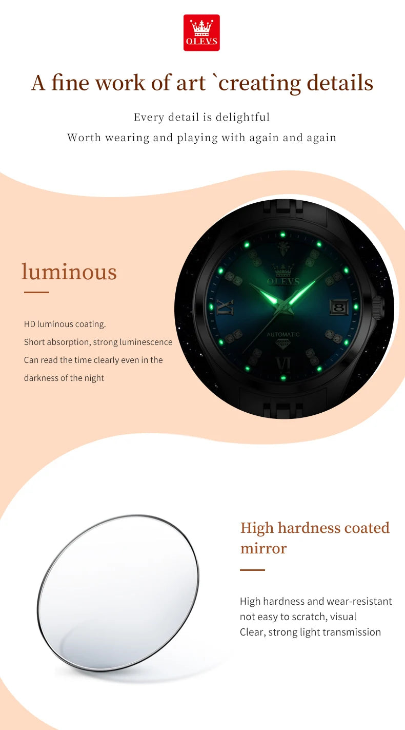 Elegant black stainless steel women's mechanical watch with a luminous dark blue dial and scratch-resistant glass.