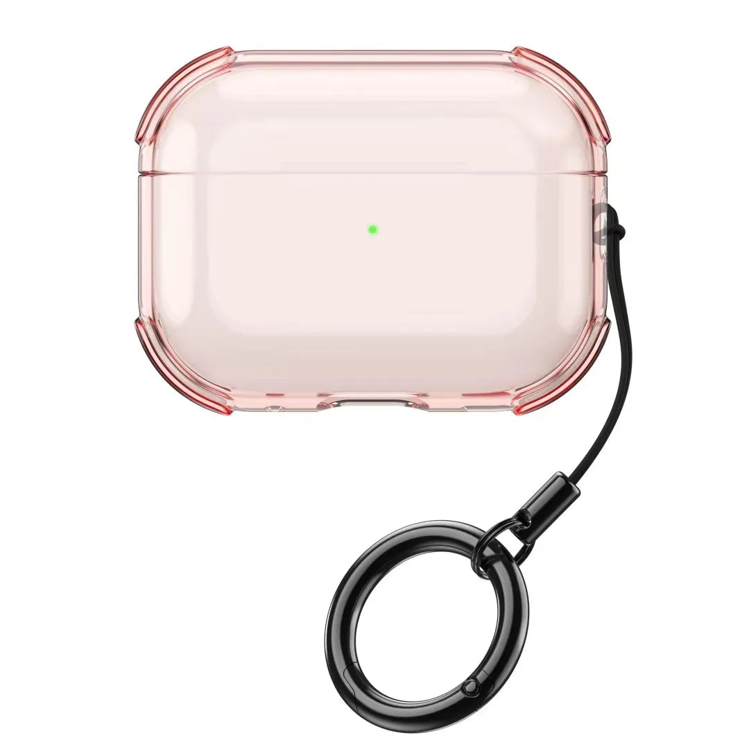 Clear pink shockproof protective case for AirPods Pro with a black keyring attachment.