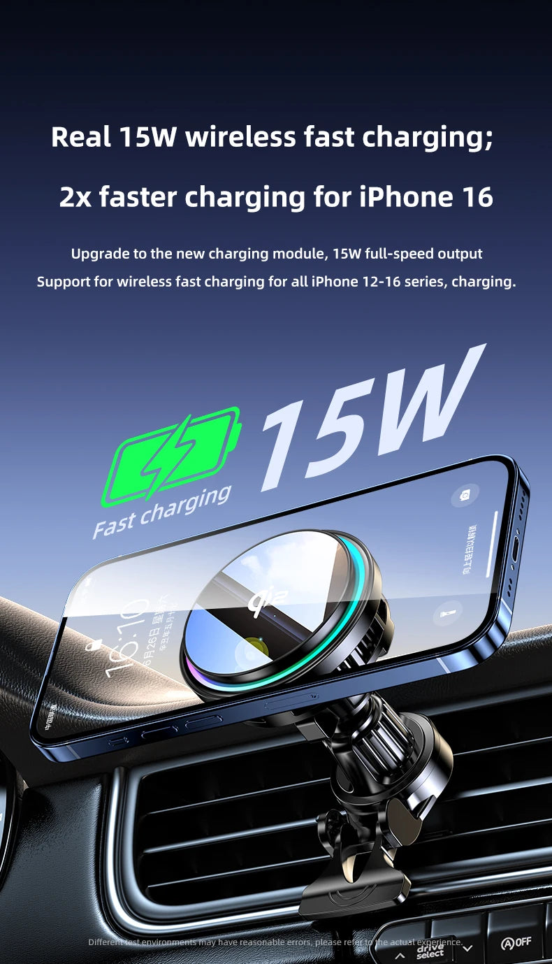 Black wireless car charger vent mount holding a smartphone with a circular, glowing magnetic charging pad.