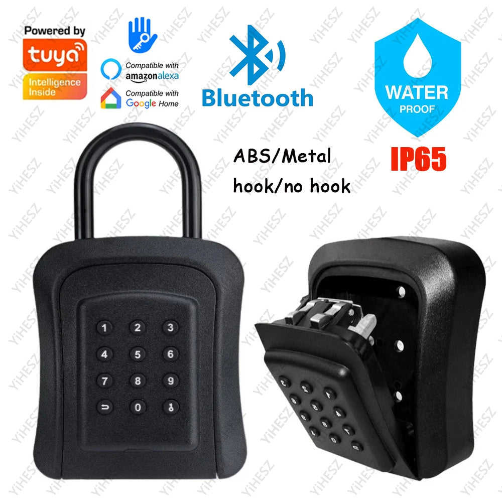 Black metal and ABS smart key lock box with keypad, Bluetooth, IP65 waterproof rating, and wall-mount option.