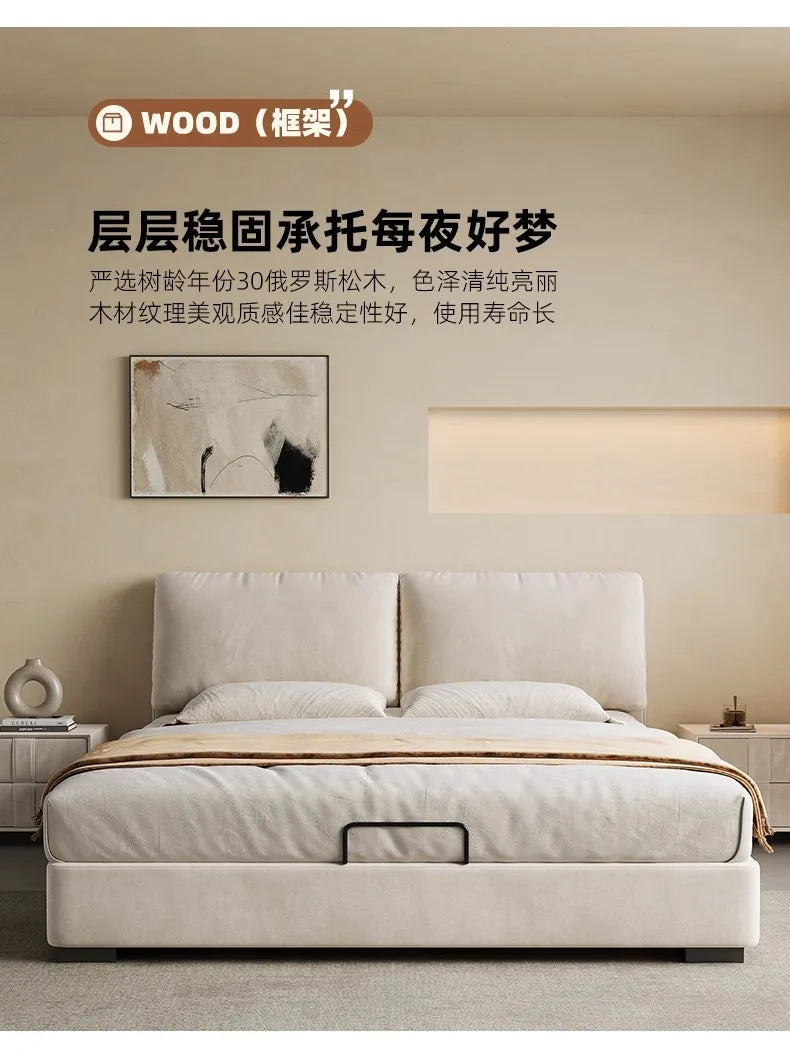 Modern cream-coloured 180x200cm storage bed with a plush, padded headboard in a minimalist bedroom setting.
