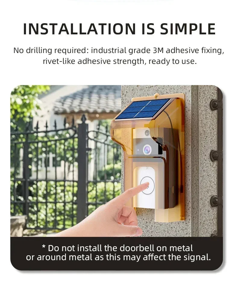 A person’s finger presses a wireless solar-powered video doorbell with a translucent amber protective cover.