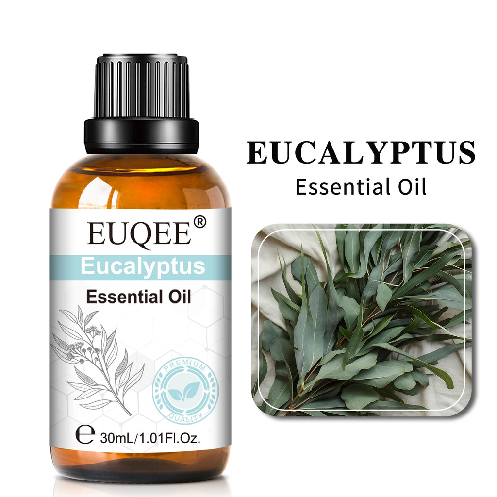30ml bottle of eucalyptus essential oil in amber glass with a black dropper cap and a label featuring eucalyptus leaves.