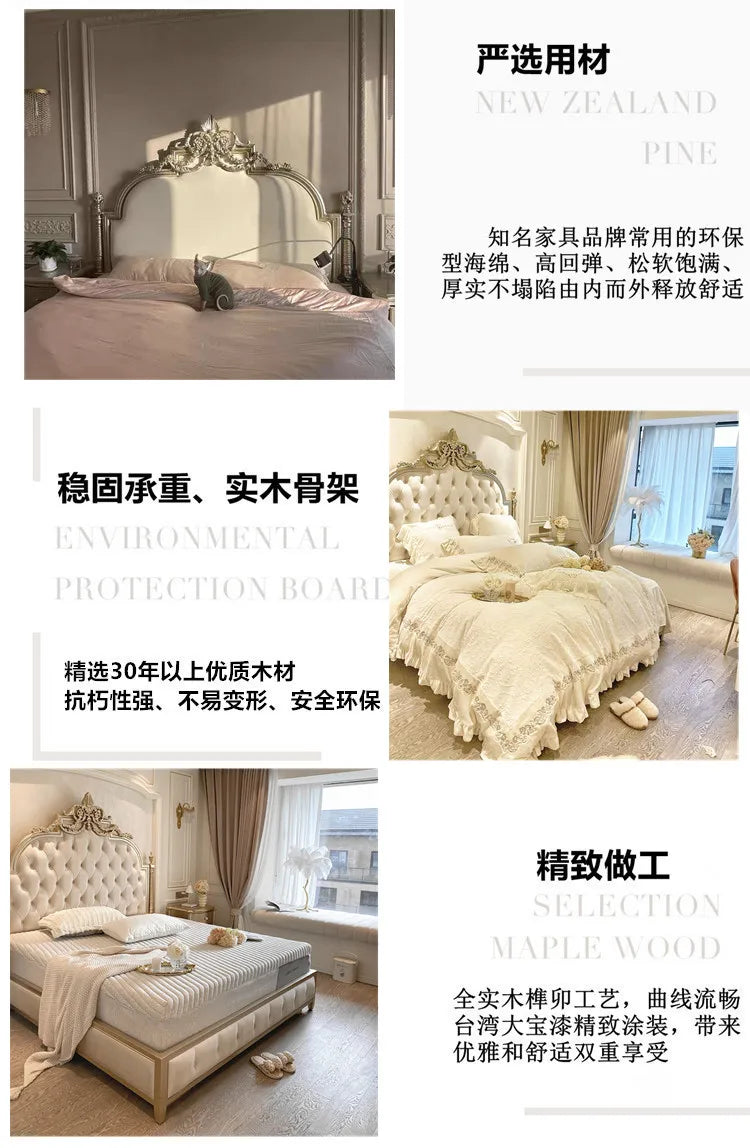 Elegant Italian-style double bed in cream, featuring an ornate, button-tufted headboard with intricate gold detailing.