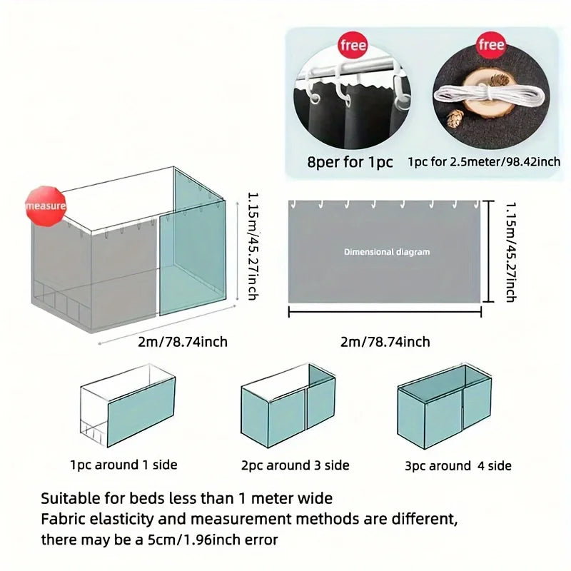 A blackout privacy curtain for bunk beds, showing measurements, included hanging hooks and cord, and setup examples.