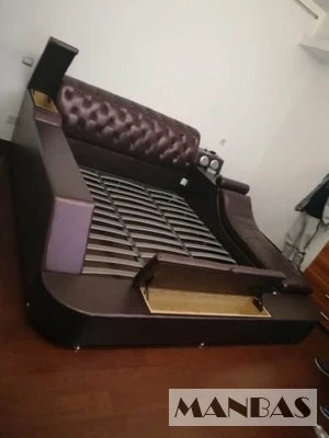 Luxury dark brown faux leather upholstered platform bed with tufted headboard, built-in storage, and integrated speakers.
