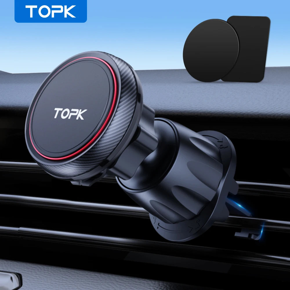 Black magnetic car phone mount with a red accent ring, mounted on a car air vent, includes two metal adhesive plates.